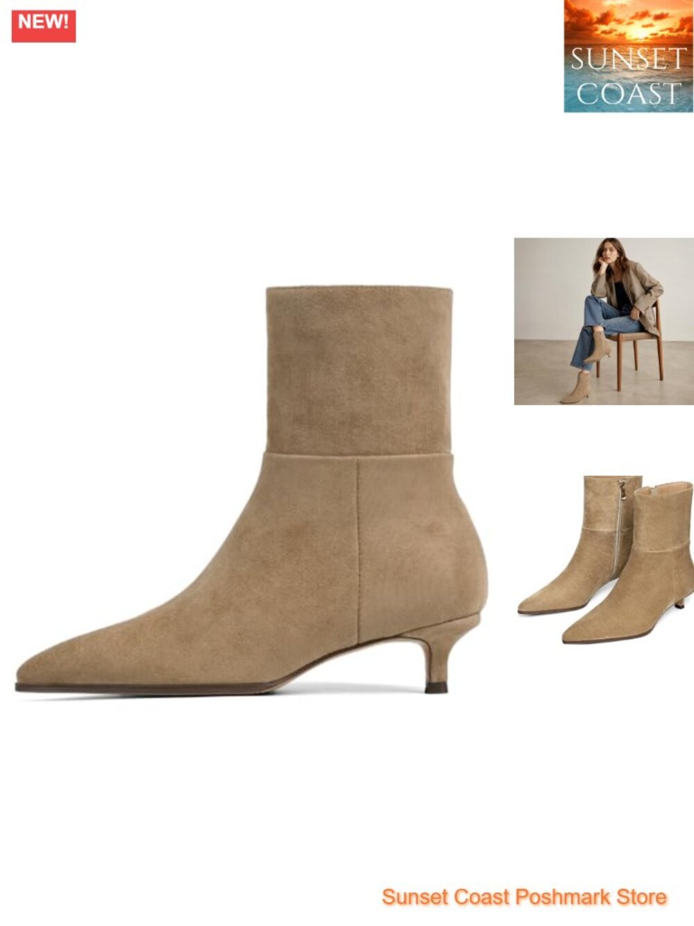 Kitten Heel Ankle Boots Womens Pointed Toe Pull-On Booties